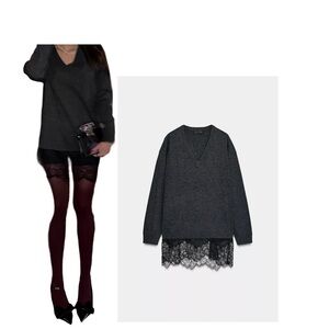 Zara Charcoal V-Neck Sweater with Lace Detail
